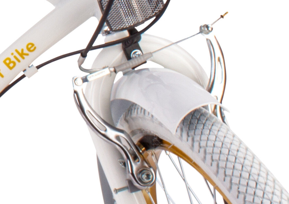 Rower młodzieżowy SUN BABY Heart Bike 24 cale dla dziewczynki Biało-złoty zbliżenie na przedni hamulec zdjęcie na białym tle podstawa bezpieczeństwa hamulce V-Brake lekkie duża siła hamowania hamulce z przodu i z tyłu podwójny pakiet bezpieczeństwa dźwignie umieszczone na manetkach