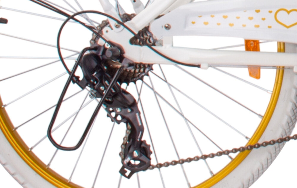 Rower młodzieżowy SUN BABY Heart Bike 24 cale dla dziewczynki Biało-złoty zbliżenie na przerzutke zdjęcie na białym tle 7 biegów obrotowa manetka Revoshift tylna przerzutka SHIMANO Tourney przerzutki SHIMANO duża wytrzymałość sprawne działanie płynna bezproblemowa zmiana biegów