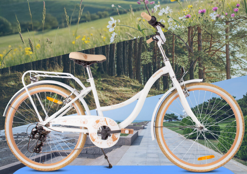 Rower młodzieżowy SUN BABY Flower Bike 24 cale dla dziewczynki Biało-beżowy rower widoczny z boku w tle łąka i kwiaty dla dzieci w wieku od 8 do 12 lat trwałość wytrzymałość mocna konstrukcja