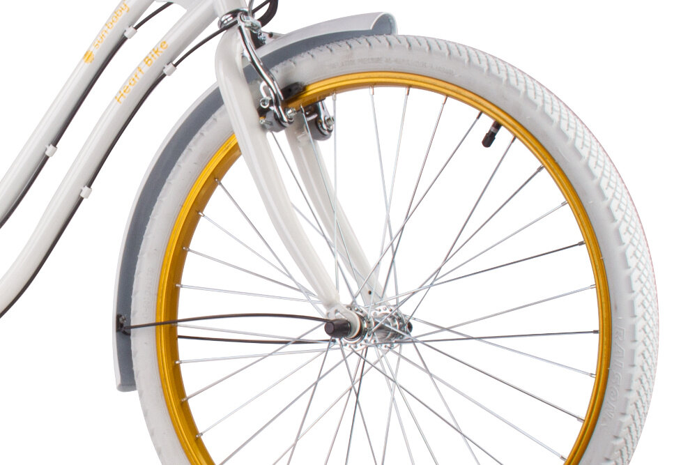 Rower młodzieżowy SUN BABY Flower Bike 24 cale dla dziewczynki Biało-beżowy zbliżenie na przednią oponę zdjęcie na białym tle 24-calowe koła szeroki opony marki RALSON aluminiowe obręcze stabilne trzymanie opony bezpieczna jazda regularne sprawdzanie ciśnienia powietrza wartość na bocznej części opony
