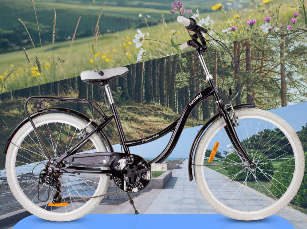Rower młodzieżowy SUN BABY Flower Bike 24 cale dla dziewczynki Czarny rower widoczny z boku w tle łąka i kwiaty dla dzieci w wieku od 8 do 12 lat trwałość wytrzymałość mocna konstrukcja