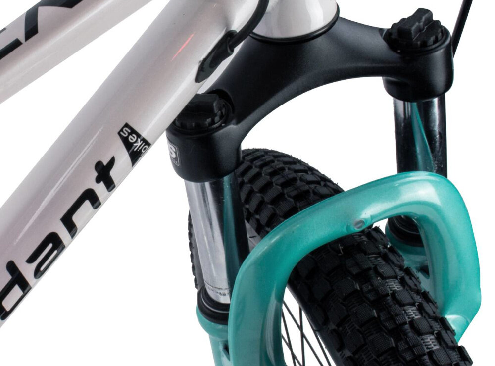 Rower dziecięcy SUN BABY Verdant Calix 20 dla chłopca Biało-różowo-miętowy zbliżenie na amortyzator zdjęcie na białym tle rower typu hardtail przedni amortyzator sprężynowy marki ORBI SHOKS ułatwia najeżdżanie na przeszkody niweluje wstrząsy na kierownicy długość skoku 45 cm