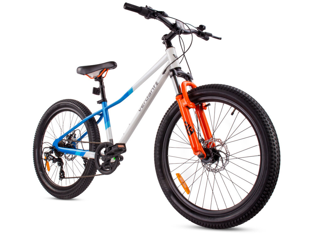 Rower młodzieżowy SUN BABY Verdant 24 cale dla chłopca Biało-niebiesko-pomarańczowy rower widoczny od przodu pod skosem zdjęcie na białym tle dla dzieci w wieku od 8 do 12 lat o maksymalnej wadze do 80 kg trwałość wytrzymałość mocna konstrukcja