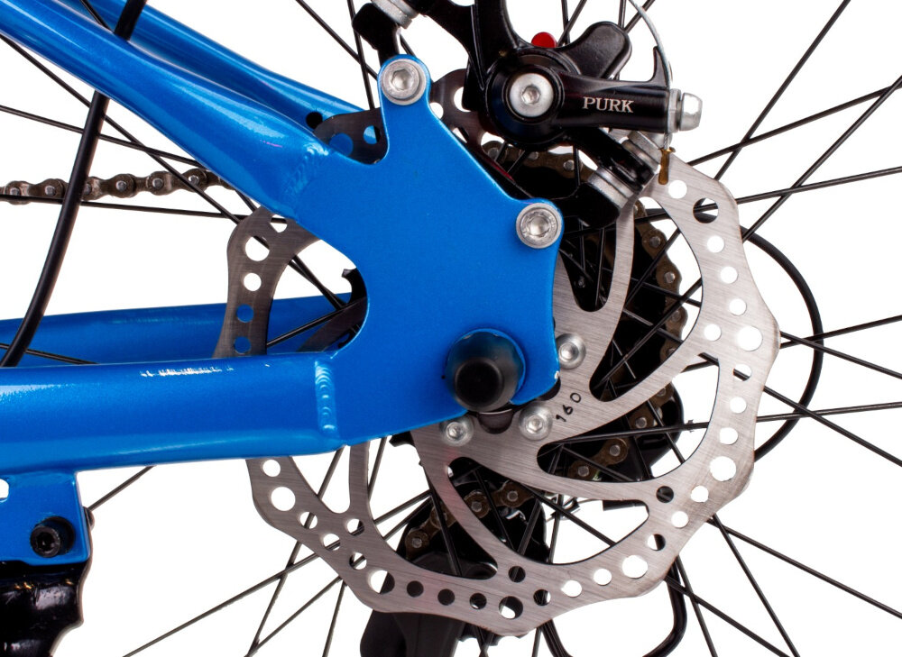 Rower młodzieżowy SUN BABY Verdant 24 cale dla chłopca Biało-niebiesko-pomarańczowy zbliżenie na hamulec podstawa bezpieczeństwa hamulce tarczowe mechaniczne sprawdzają się w każdych warunkach pogodowych i na każdej trasie bardzo duża siła hamowania hamulce z przodu i z tyłu podwójny pakiet bezpieczeństwa