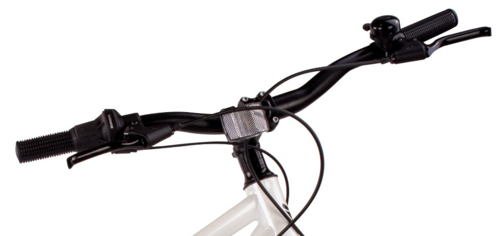 Rower młodzieżowy SUN BABY Verdant 24 cale dla chłopca Biało-niebiesko-pomarańczowy kierownica na białym tle widoczna pod skosem brak uczucia dyskomfortu jazda w odpowiedniej pozycji ciała uchwyty z antypoślizgowego materiału możliwość regulacji wysokości za pomocą pierścieni dystansowych