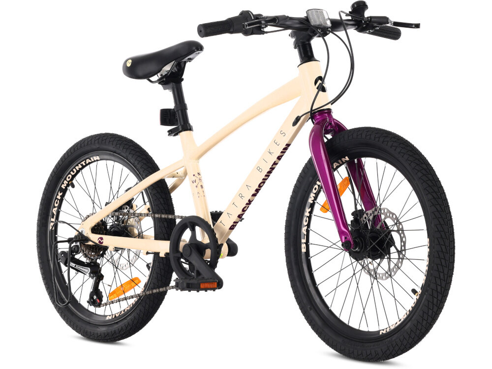 Rower dziecięcy TATRA Mountain 20 cali Kremowo-fioletowy rower widoczny od przodu pod skosem zdjęcie na białym tle dla dzieci w wieku od 5 do 8 lat o maksymalnej wadze do 50 kg trwałość wytrzymałość mocna konstrukcja