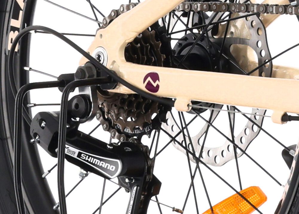 Rower dziecięcy TATRA Mountain 20 cali Kremowo-fioletowy zbliżenie na tylną przerzutkę 6 biegów obrotowa manetka Revoshift RS 35 tylna przerzutka SHIMANO Tourney przerzutki SHIMANO dużą wytrzymałość sprawne działanie zmiana biegów płynna bezproblemowa