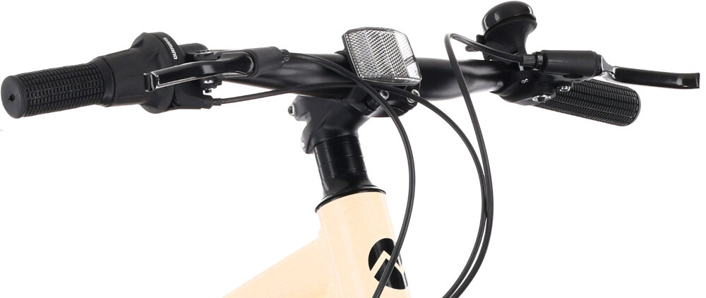 Rower dziecięcy TATRA Mountain 20 cali Kremowo-fioletowy kierownica na białym tle widoczna pod skosem brak uczucia dyskomfortu jazda w odpowiedniej pozycji ciała uchwyty z antypoślizgowego materiału możliwość regulacji wysokości w zakresie od 73 do 75 cm