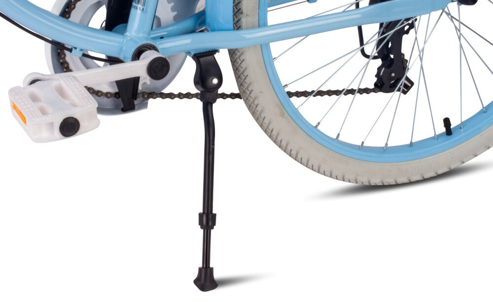 Rower młodzieżowy SUN BABY Heart Bike 24 cale dla dziewczynki Błękitny zbliżenie na stopkę zdjęcie na białym tle stopka w centralnym punkcie ciężkości odblaski lepsza widoczność na drodze bezpieczeństwo dzwonek