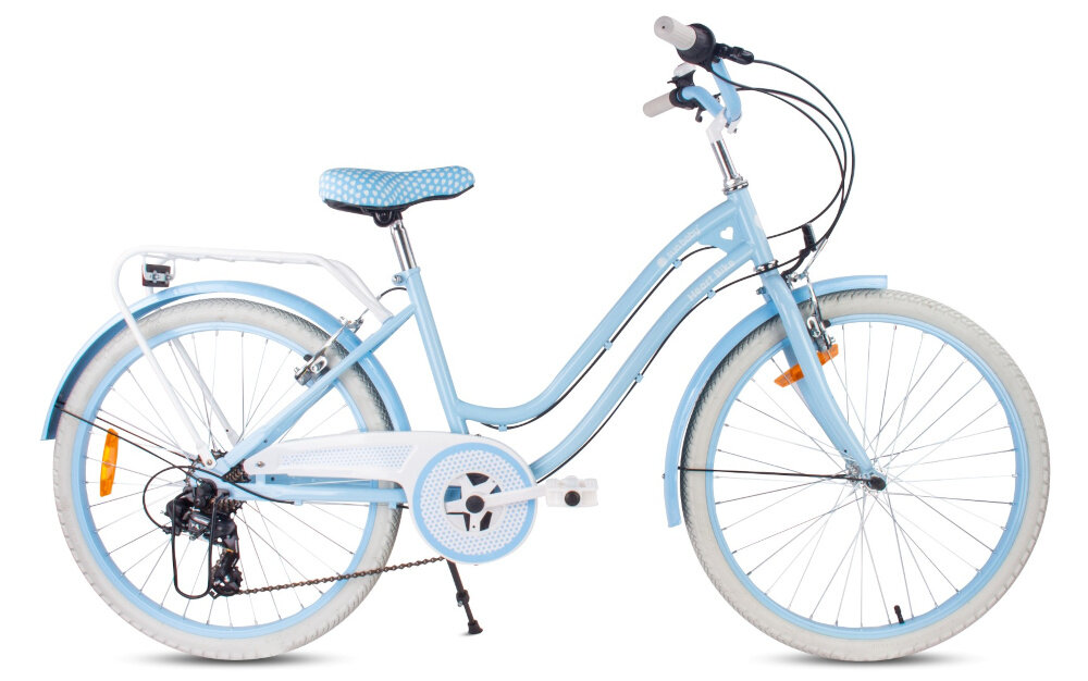 Rower młodzieżowy SUN BABY Heart Bike 24 cale dla dziewczynki Błękitny rower na białym tle widoczny z boku 24-calowe koła szerokie opony aluminiowe obręcze regularny kształt kół stabilne trzymanie opony regularne sprawdzanie ciśnienia powietrza wartość na bocznej części opony