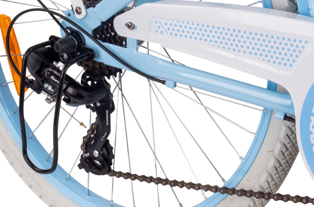 Rower młodzieżowy SUN BABY Heart Bike 24 cale dla dziewczynki Błękitny zbliżenie na przerzutki zdjęcie na białym tle 7 biegów obrotowa manetka RevoShift typu Revo 7 speed tylna przerzutka SHIMANO Tourney przerzutki SHIMANO duża wytrzymałość sprawne działanie płynna bezproblemowa zmiana biegów
