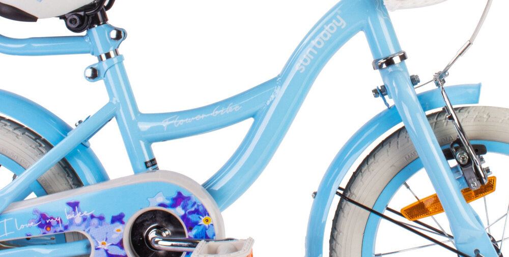 Rower dziecięcy SUN BABY Flower 16 cali dla dziewczynki Niebieski rower na białym tle zbliżenie na ramę odpowiednio wyselekcjonowane materiały stalowa 9,5-calowa rama dostosowana do najmłodszych geometria ponadprzeciętna odporność na uszkodzenia mechaniczne i działanie czynników zewnętrznych wybór rozmiaru ramy Twój wzrost mierzony w zrelaksowanej pozycji typ dla dzieci o wzroście 105-115 cm