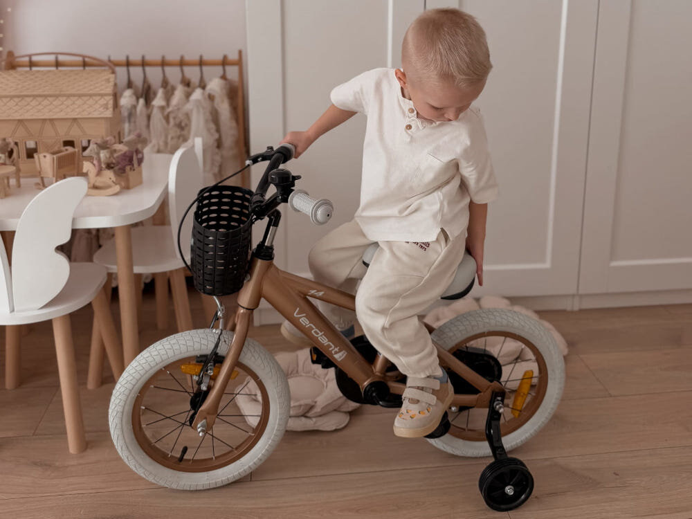 Rower dziecięcy SUN BABY Verdant Rowan 14 cali dla chłopca Cappuccino pokój dziecko siedzi na rowerku patrzy na tylne koło dla dzieci w wieku od 2 do 4 lat trwałość wytrzymałość mocna konstrukcja
