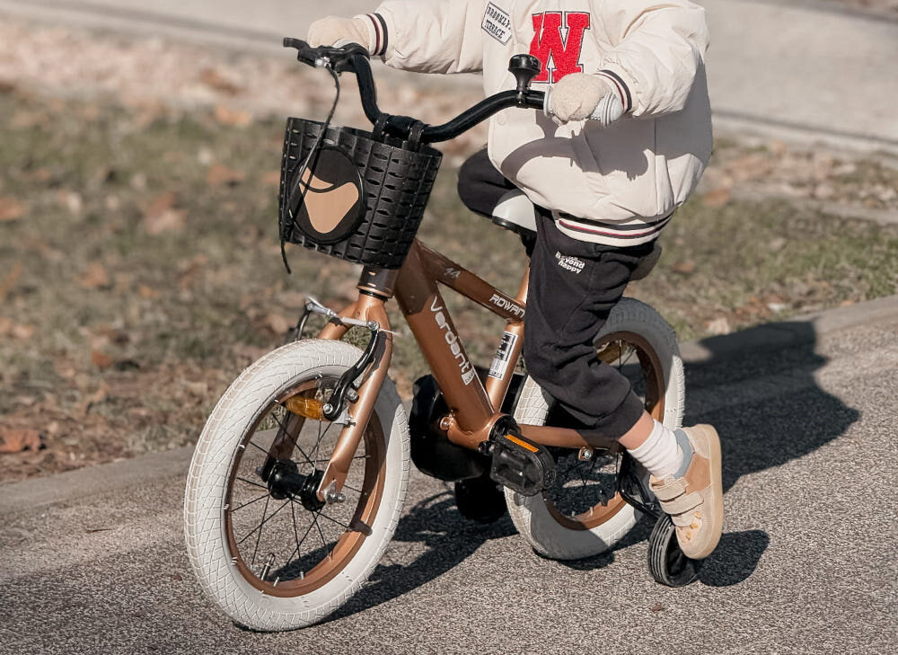 Rower dziecięcy SUN BABY Verdant Rowan 14 cali dla chłopca Cappuccino droga dziecko siedzi na rowerku trzyma się kierownicy podstawa bezpieczeństwa przedni hamulec V-Brake tylny hamulec nożny Torpedo lekkie duża siła hamowania