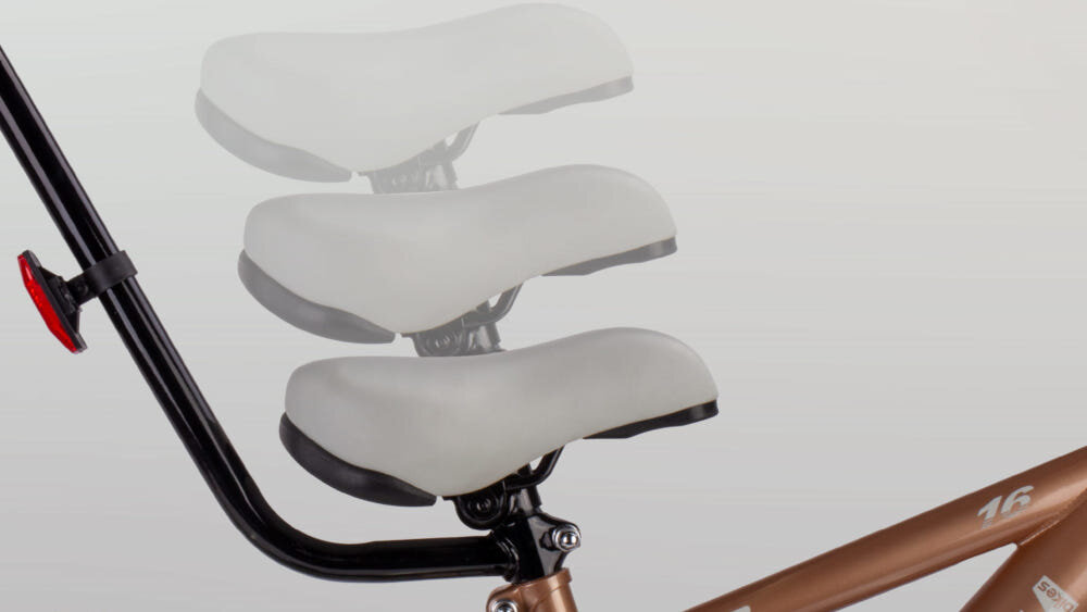 Rower dziecięcy SUN BABY Verdant Rowan 14 cali dla chłopca Cappuccino zbliżenie na siodełko cienie pokazujące regulację bezpieczna i satysfakcjonująca aktywność wygodne siodełko możliwość regulacji w zakresie od 52 do 57 cm bezpiecznie komfortowo