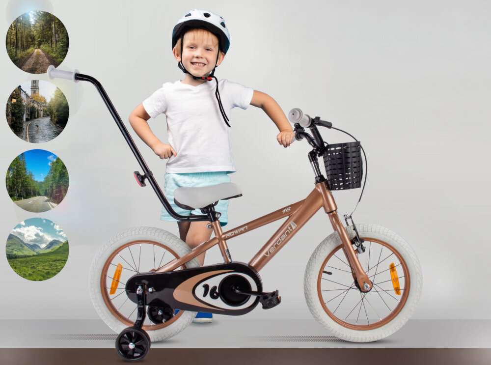 Rower dziecięcy SUN BABY Verdant Rowan 14 cali dla chłopca Cappuccino chłopiec stoi za rowerkiem trzyma się kierownicy pałąk prowadzący dla rodzica szlifowanie umiejętności bezpieczeństwo pełna kontrola nad pojazdem