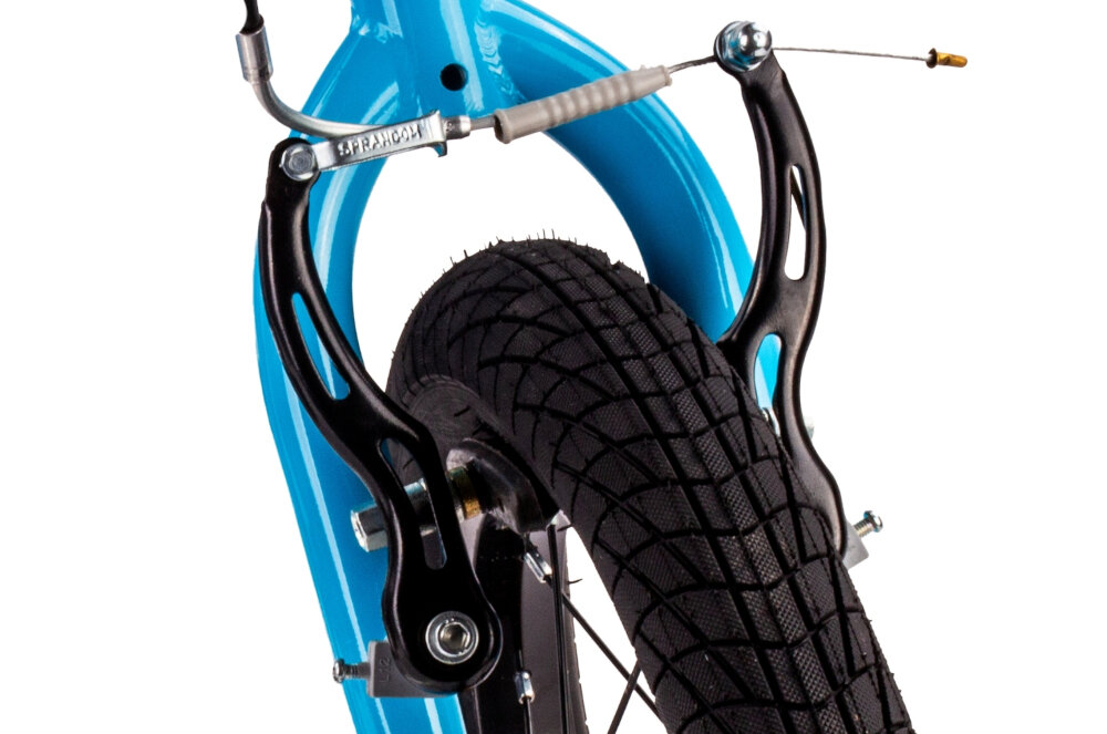 Rower dziecięcy SUN BABY Verdant Rowan 14 cali dla chłopca Niebieski zbliżenie na przedni hamulec zdjęcie na białym tle podstawa bezpieczeństwa przedni hamulec V-Brake tylny hamulec nożny Torpedo lekkie duża siła hamowania