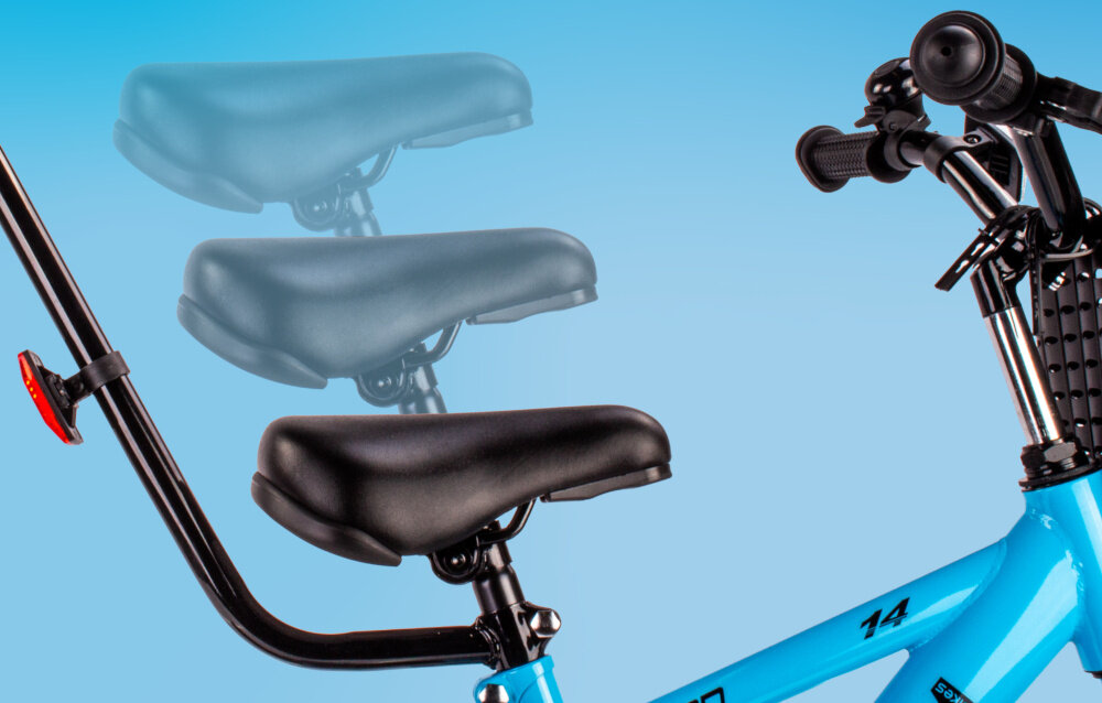 Rower dziecięcy SUN BABY Verdant Rowan 14 cali dla chłopca Niebieski zbliżenie na siodełko cienie pokazujące regulację bezpieczna i satysfakcjonująca aktywność wygodne siodełko możliwość regulacji w zakresie od 52 do 57 cm bezpiecznie komfortowo