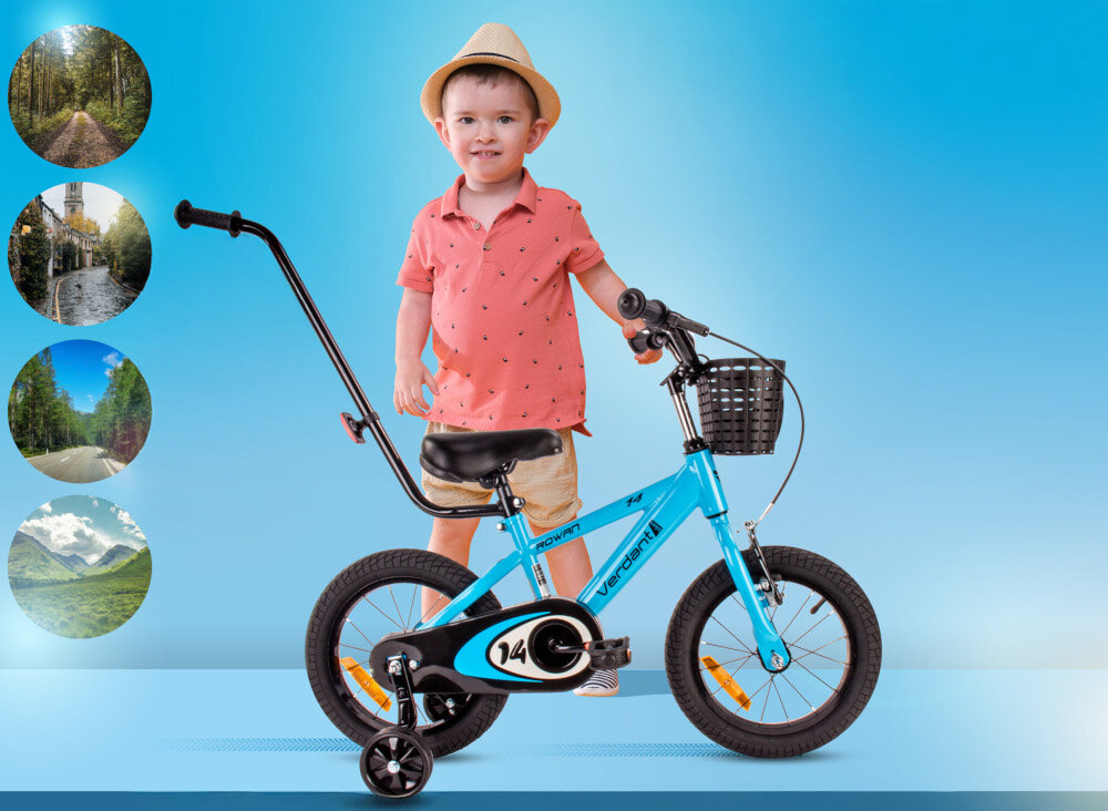 Rower dziecięcy SUN BABY Verdant Rowan 14 cali dla chłopca Niebieski chłopiec stoi za rowerkiem trzyma się kierownicy pałąk prowadzący dla rodzica szlifowanie umiejętności bezpieczeństwo pełna kontrola nad pojazdem
