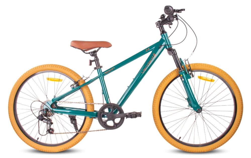 Rower młodzieżowy SUN BABY Verdant 24 cale dla chłopca Zielony rower na białym tle widoczny z boku szereg udogodnień mocowanie na uchwyt do bidonu dzwonek bezpieczna jazda