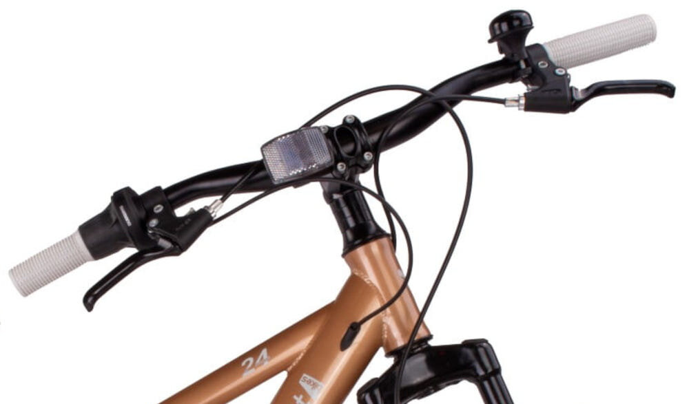 Rower młodzieżowy SUN BABY Verdant 24 cale dla chłopca Cappuccino kierownica na białym tle widoczna pod skosem brak uczucia dyskomfortu jazda w odpowiedniej pozycji ciała uchwyty z antypoślizgowego materiału możliwość regulacji wysokości w zakresie od 88 do 91 cm