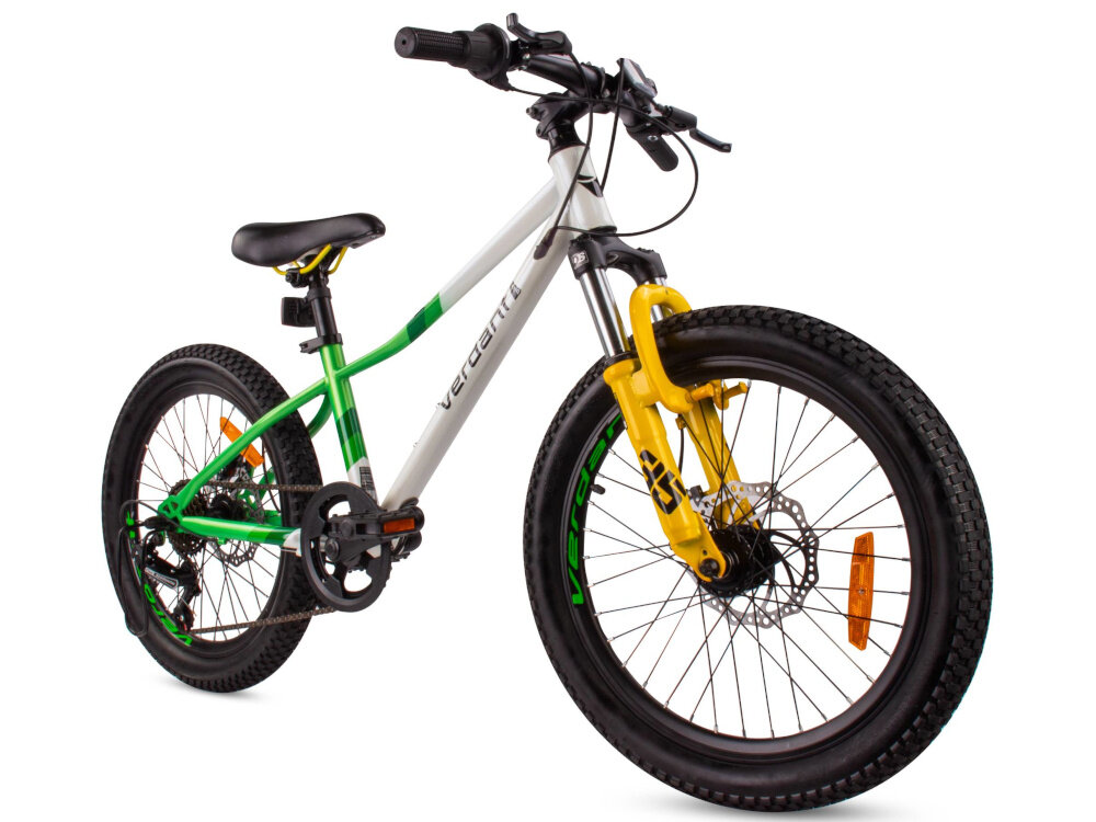 Rower dziecięcy SUN BABY Verdant Calix 20 dla chłopca Biało-zielono-żółty rower widoczny od przodu pod skosem zdjęcie na białym tle dla dzieci w wieku od 5 do 8 lat o maksymalnej wadze do 50 kg trwałość wytrzymałość mocna konstrukcja