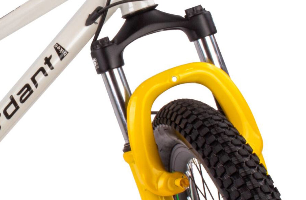 Rower dziecięcy SUN BABY Verdant Calix 20 dla chłopca Biało-zielono-żółty zbliżenie na amortyzator zdjęcie na białym tle rower typu hardtail przedni amortyzator sprężynowy marki ORBI SHOKS ułatwia najeżdżanie na przeszkody niweluje wstrząsy na kierownicy długość skoku 45 cm