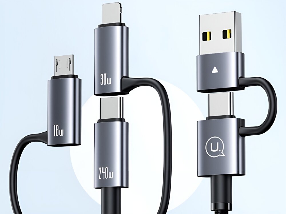 Kabel USAMS 6w1 SJ738
            kabel z pokazanymi końcówkami na jasnym tle microusb usbc lightning usba ładowanie smartfony tablety laptopy długość