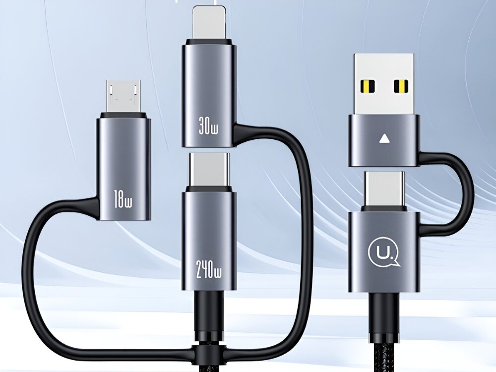 Kabel USAMS 6w1 SJ737
            kabel z pokazanymi końcówkami na jasnym tle microusb usbc lightning usba