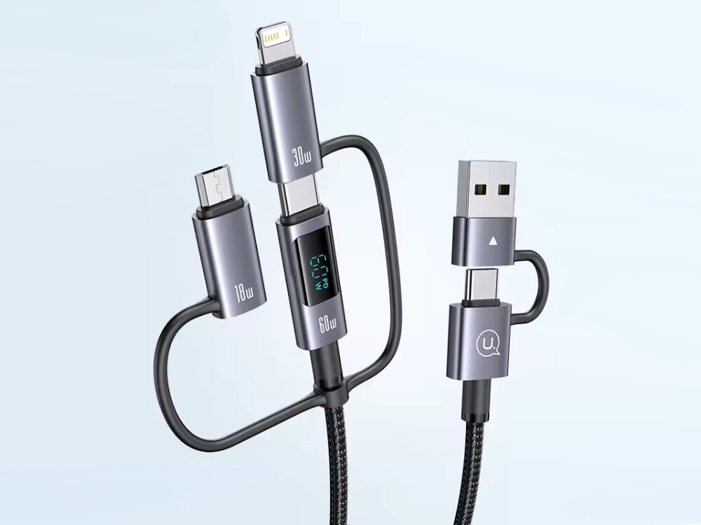 Kabel USAMS 6w1 SJ736 
            kabel z pokazanymi końcówkami na jasnym tle microusb usbc lightning usba ładowanie smartfony tablety laptopy długość
