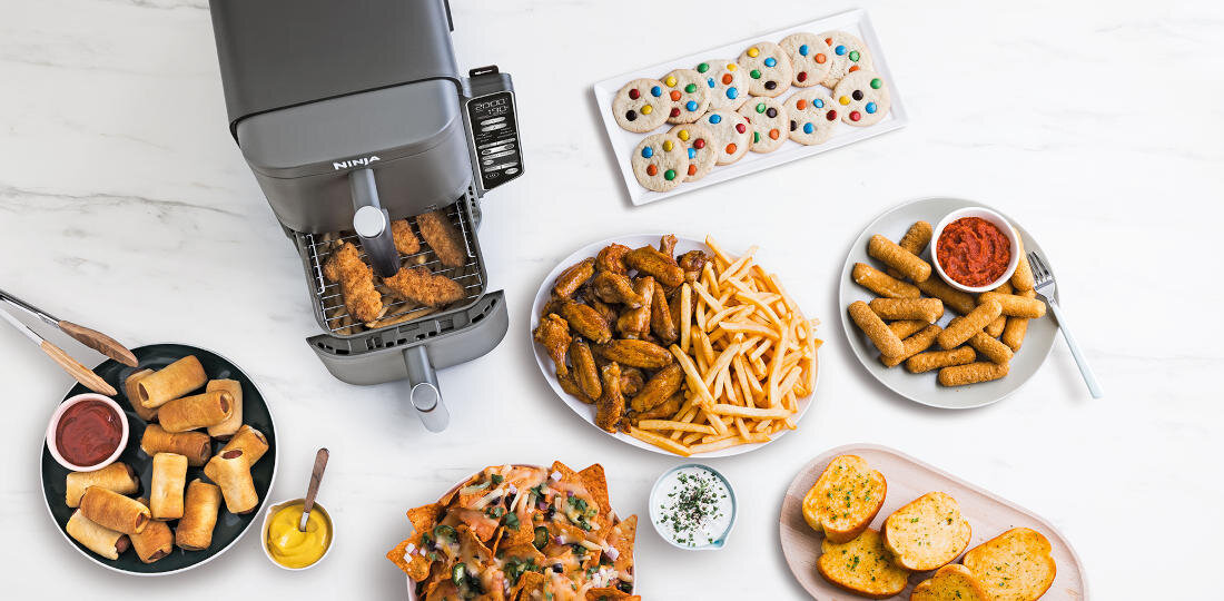 Frytkownica beztłuszczowa NINJA SL451EU Air Fryer Smukła konstrukcja pojemnośc waga możliwości wysokość dwie szuflady kurczak możliwości porządek
