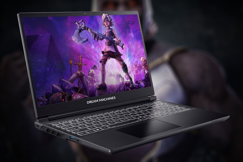 Laptop DREAMMACHINES RG4070 z uruchomioną grą wideo na ekranie.