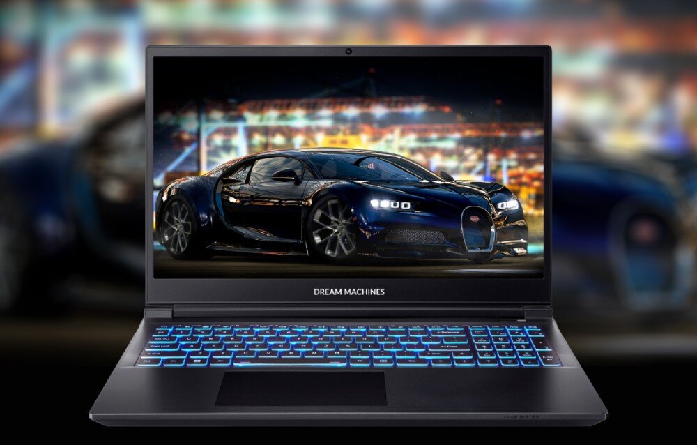 Ekran laptopa DREAMMACHINES RG4070 wyświetlający obraz samochodu. wyświetlacz przekątna rozdzielczość odświeżanie