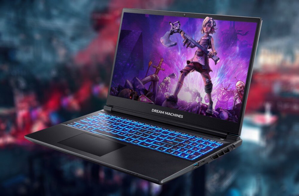 Laptop DREAMMACHINES RG4070 z wizerunkiem postaci z gry wideo na ekranie. głośniki dźwięk kamera mikrofon