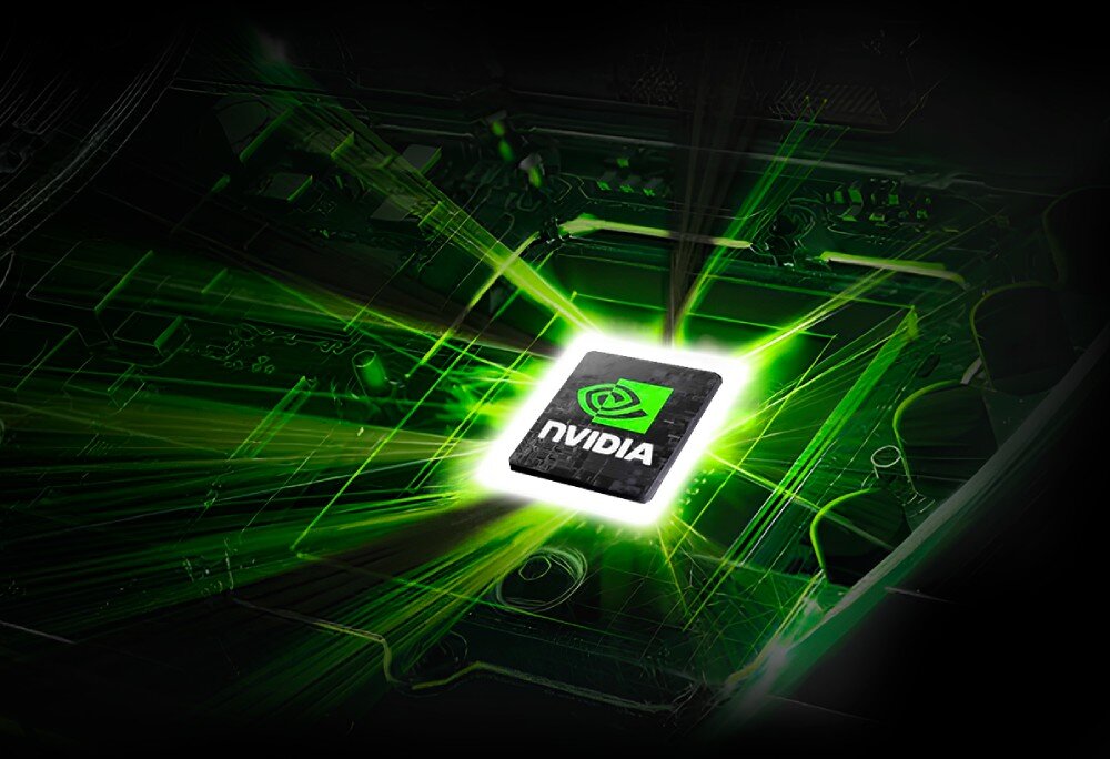 Laptop DREAMMACHINES RG4060-15PL44 Zielone światła i promienie wychodzące z chipu z logo NVIDIA, umieszczonego na tle płyty głównej, karta graficzna, wydajność, moc TGP, technologie