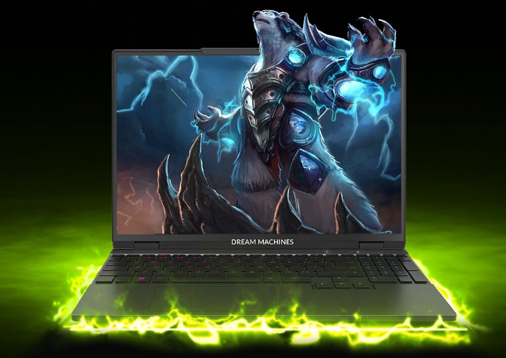 Laptop DREAMMACHINES RG4060-15PL44 Laptop z ekranem wyświetlającym postać fantastyczną na tle burzowego nieba, z zielonym rozbłyskiem świetlnym dookoła obudowy, ekran, przekątna, rozdzielczość, jasność, odświeżanie