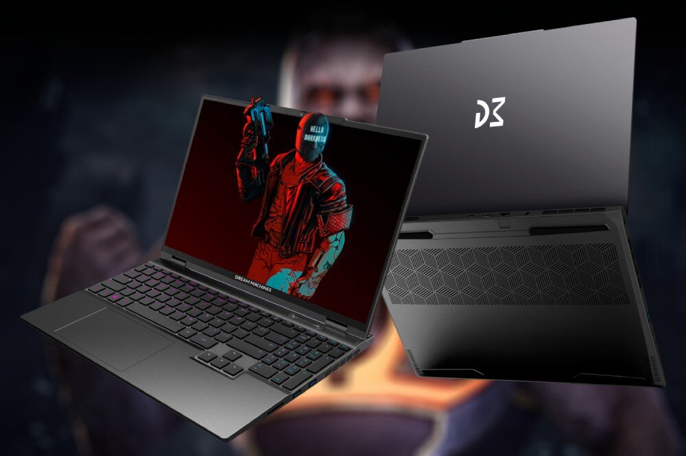Laptop DREAMMACHINES RG4060-15PL44 Laptop widziany z dwóch perspektyw – otwarty z przodu i zamknięty z tyłu – na ekranie wyświetlona postać w czerwono-niebieskich barwach, klawiatura, podświetlenie RGB, mikrofon, kamera, głośniki