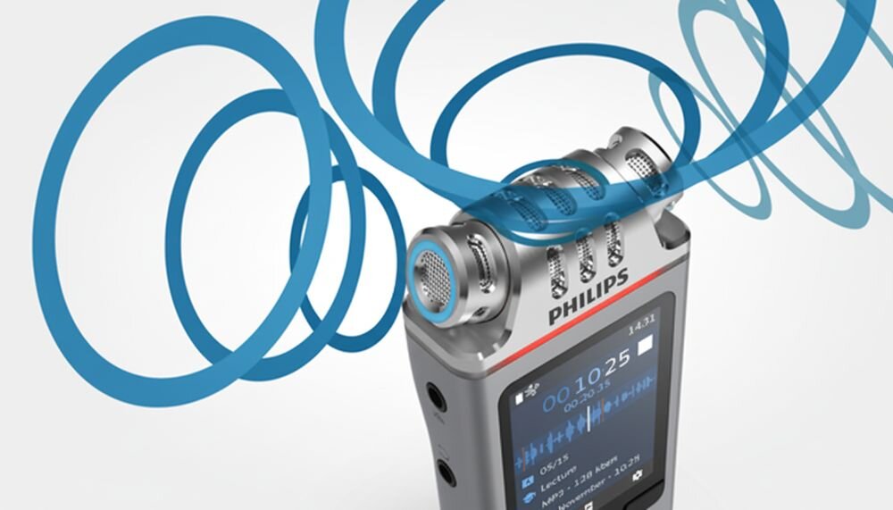 Dyktafon PHILIPS DVT4115 z trzema mikrofonami wysokiej jakości i separacją kanałów stereo, dyktafon na jasnym tle