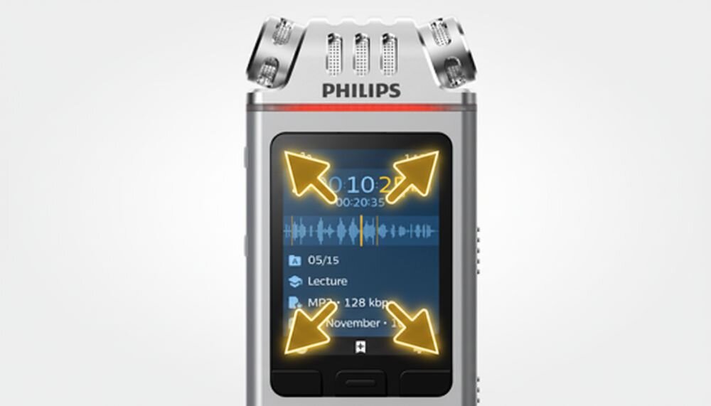 Dyktafon PHILIPS DVT4115 z dużym kolorowym wyświetlaczem i interfejsem w siedmiu językach, dyktafon na jasnym tle