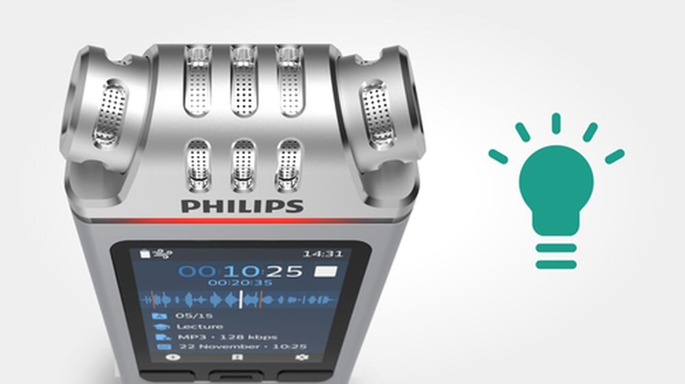 Dyktafon PHILIPS DVT4115 z nagrywaniem wstępnym timerem aktywacją głosem zakładkami i filtrami, dyktafon na jasnym tle