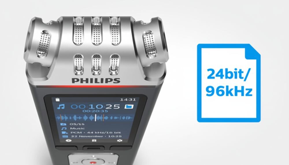 Dyktafon PHILIPS DVT8115 nagrywanie 24 bit 96 kHz nieskompresowany dźwięk, urządzenie na jasnym tle