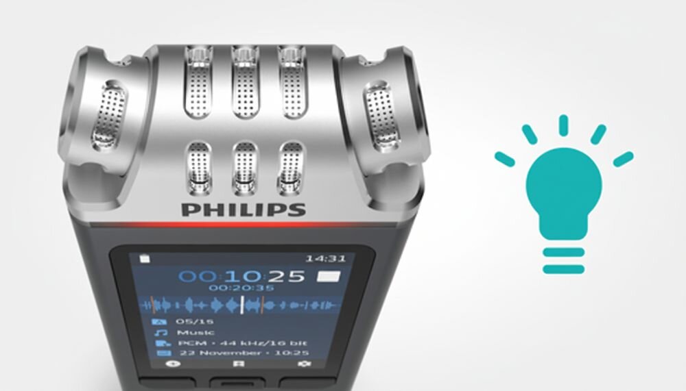 Dyktafon PHILIPS DVT8115 inteligentne nagrywanie aktywacja głosem zakładki filtry, urządzenie na jasnym tle
