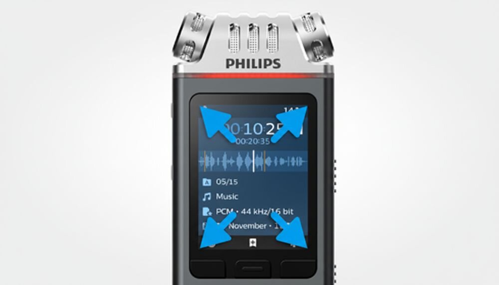 Dyktafon PHILIPS DVT8115 duży kolorowy wyświetlacz interfejs 7 języków, dyktafon na jasnym tle