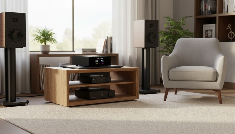 Odtwarzacz sieciowy AURALiC Vega S1 z przetwornikiem Fusion DAC, konwersja cyfrowo-analogowa i autorska filtracja cyfrowa, urządzenie stojące na komodzie