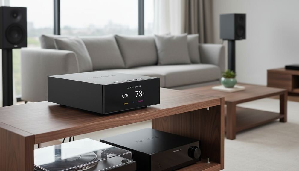 Odtwarzacz sieciowy AURALiC Vega S1, tryb PureDAC, technologia DDR, pamięć Tesla G3 i regulacja Tone and Filter, urządzenie stojące na komodzie