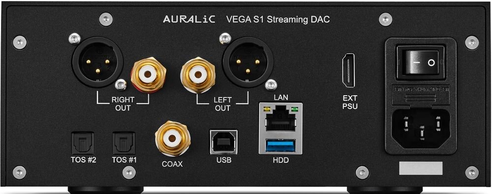 Odtwarzacz sieciowy AURALiC Vega S1, złącza RCA XLR USB i Ethernet LAN, wymiary 20,7 x 8,5 x 29 cm, masa 4 kg i pobór mocy, urządzenie na białym tle