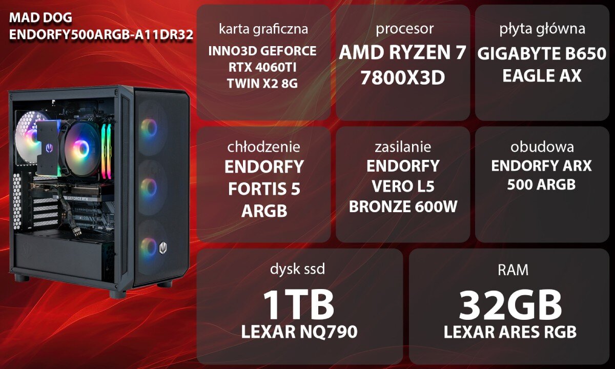 Komputer MAD DOG ENDORFY500ARGB-A11DR32 R7-7800X3D 32GB RAM 1TB SSD GeForce RTX4060Ti Wi-Fi opis