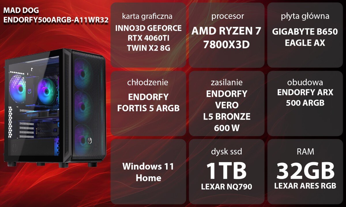 Komputer MAD DOG ENDORFY500ARGB-A11WR32 R7-7800X3D 32GB RAM 1TB SSD GeForce RTX4060Ti Wi-Fi Windows 11 Home opis