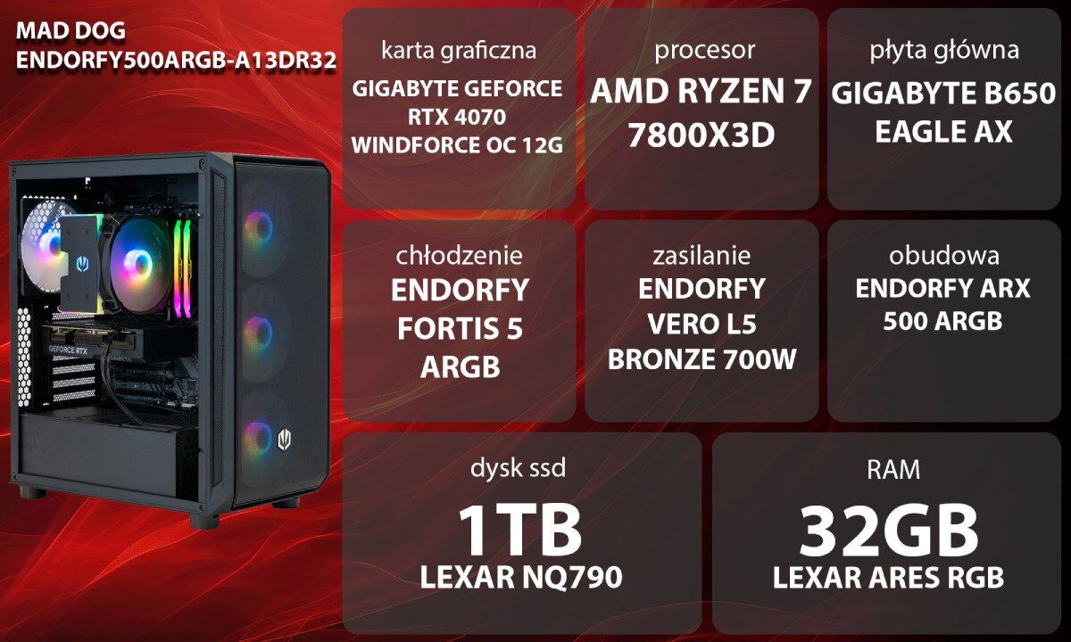 Komputer MAD DOG ENDORFY500ARGB-A13DR32 R7-7800X3D 32GB RAM 1TB SSD GeForce RTX4070 Wi-Fi opis