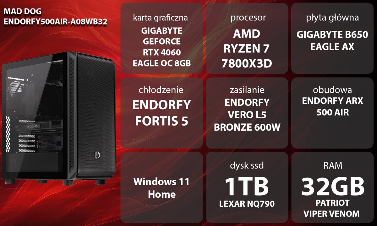 Komputer MAD DOG ENDORFY500AIR-A08WB32 R7-7800X3D 32GB RAM 1TB SSD GeForce RTX4060 Wi-Fi Windows 11 Home opis